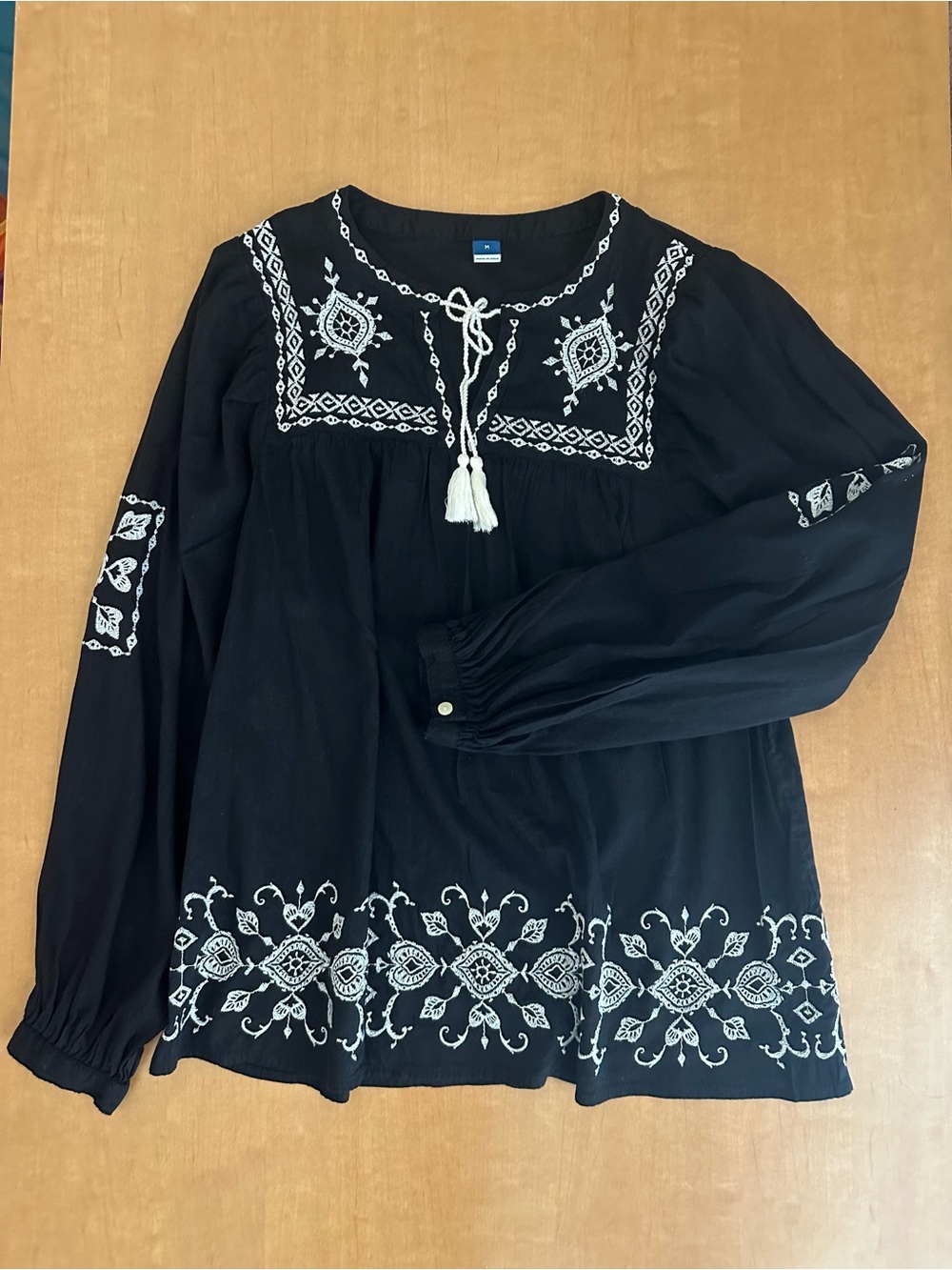 Old Navy Embroidered Boho Swing Blouse — Black Jack Tassel Tie Size M